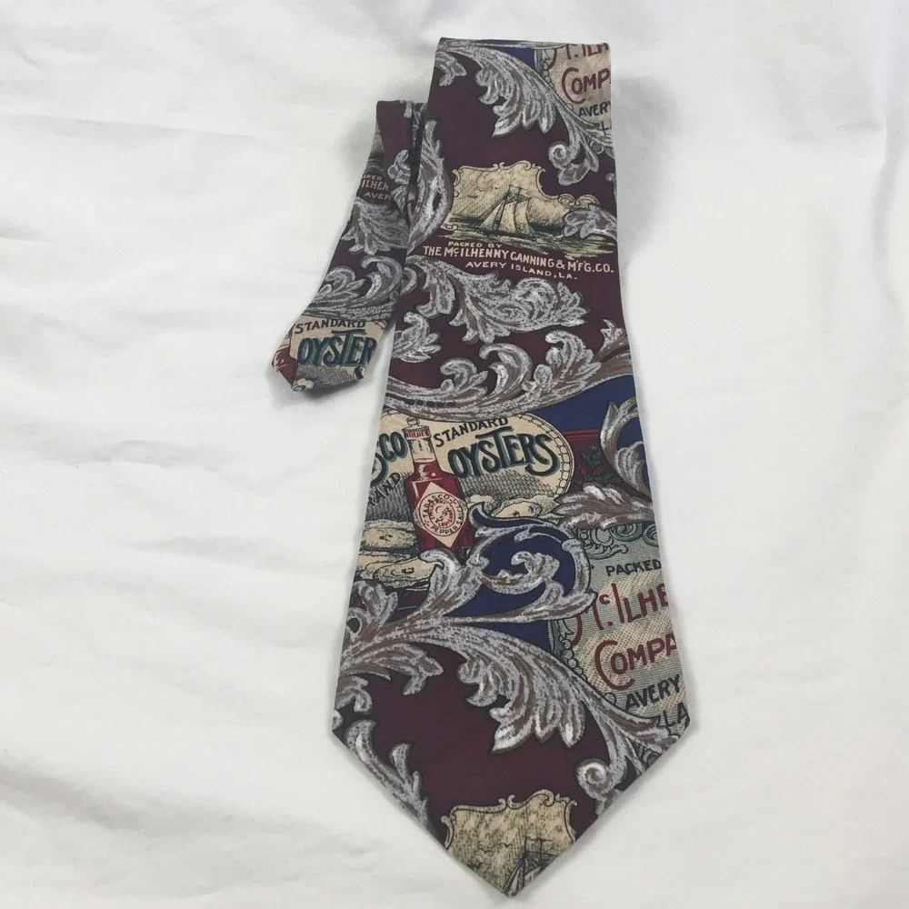 Tabasco Silk Tie Mens Vtg McIlhenny Co Oyster Hot Sauce Burgundy Navy Foodie